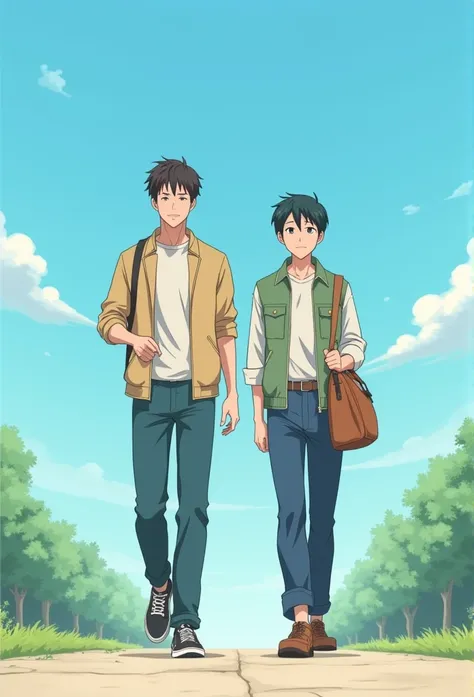 After club activities　blue sky　men reach　Walking　Ghibli style　Walk side by side