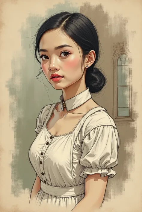 A book illustration of servant filipina girl 30 year old named Rosa 

Make it look like a vintage sketched illustration 