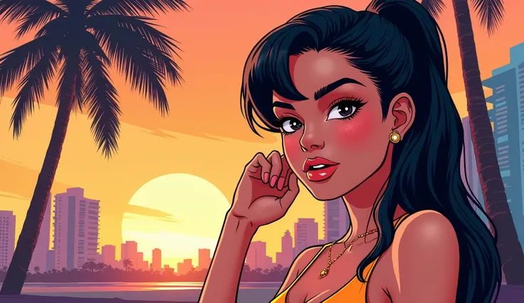 Retro Girl, Miami, sunset,  palm trees, 90s, ( flat color , Flat texture, Line art:1.2),  graphical design, (Dark Ink, Ink Black),Latin cartoon style , Vice City GTA, Happy and 