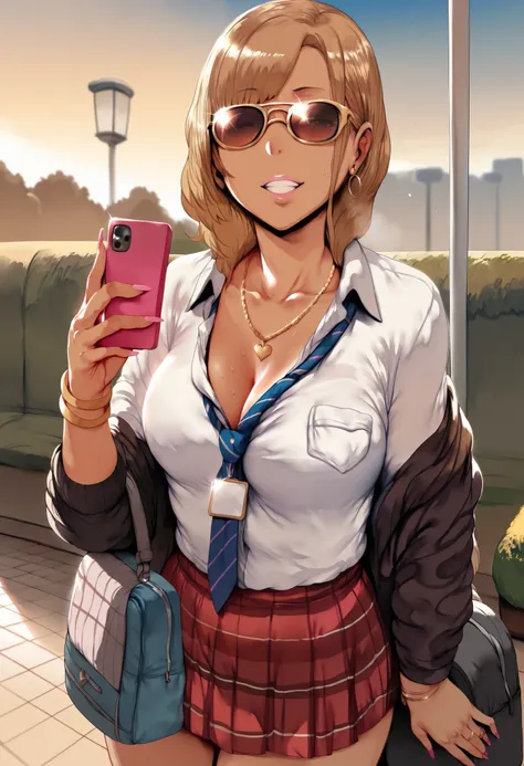 Hews style, 1girl, Gyaru, brown hair, medium breasts, park background, skirt, glamour sunglasses, looking at smartphone, sunset