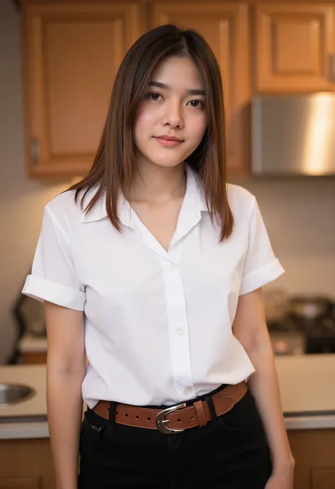 girl, white_shirt,no bra, short sleeves, black_skirt, shirt_tucked_in, brown_belt, full body view, kitchen 