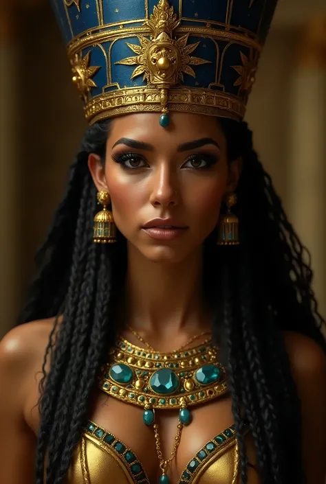 High-resolution portrait of Isis, Egyptian goddess of magic and fertility, with intricate golden and blue jewelry, elaborate headdress featuring Egyptian symbols, serene and wise expression, ancient and mystical atmosphere, divine elegance, cinematic light...