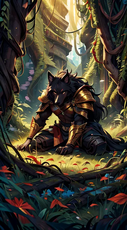 high quality, masterpiece, best detail, full-length, furry black wolf male in black armor with golden feathers and leaves, hands...