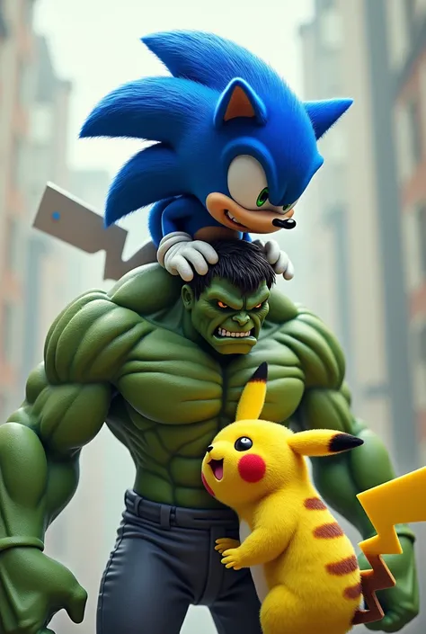 Sonic defecating on the head of a hybrid of Hulk and Pikachu 