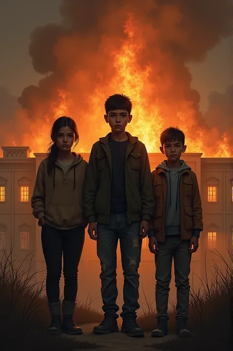 make me an illustration of a picture of three young people standing side by side with the background of a burning Islamic boarding school