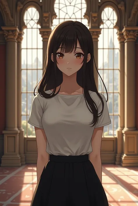  brown hair,  white t-shirt,  black hair ,  long hair in the castle, 1Japanese girl, (Realistic 1 :4), Alone, black skirt,  big boobs, near