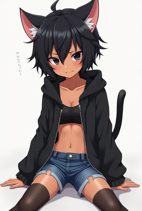 short hair、 Black Hair、cat ears、" Brown Skin "、 black pupils 、  black hooded jacket ( The hat is put down ， zipper without pulling on )、 Wearing black sports underwear 、 Black Stockings 、Japanese style 、cute、Girls、 draw only one person 、Show belly button、d...