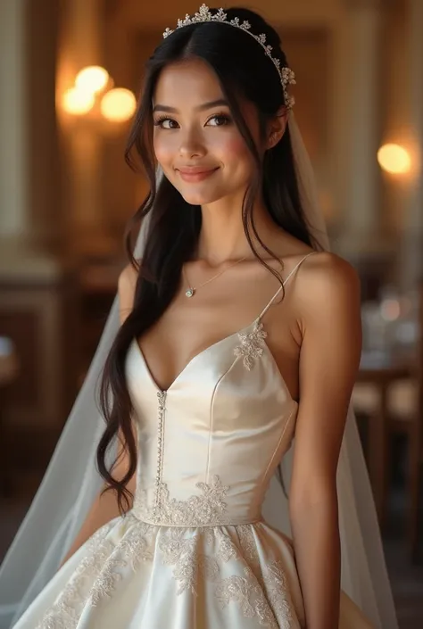 Realistic upper body portrait of a young french black haired bride aged 23 with long hair, ponytail, hairband, necklace, smile. She poses in front of the camera in a satin A-line weddingdress with straps..., schöne Muster im satin Fabric, Weddingparty,glam...