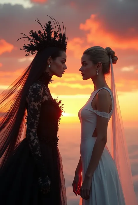 A sky scene , sunset.  And two women in different corners of the sky ,  the one on the left with extravagant clothes in the black color palette,  and the one on the right in a simple white dress ,  they are staring at each other  