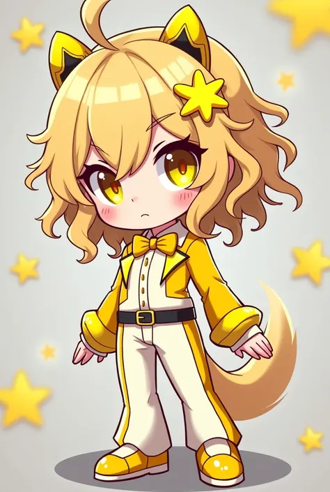 Honkai Impact 3rd Art style A Cute Femboy and creamy Yellow Wavy hair from and has a neon star also wears also a neon vector star hair clip on his left hair bang and wears a creamy star
and has A Yellow 6 pointed Star eyes and sticker on his right bottom c...