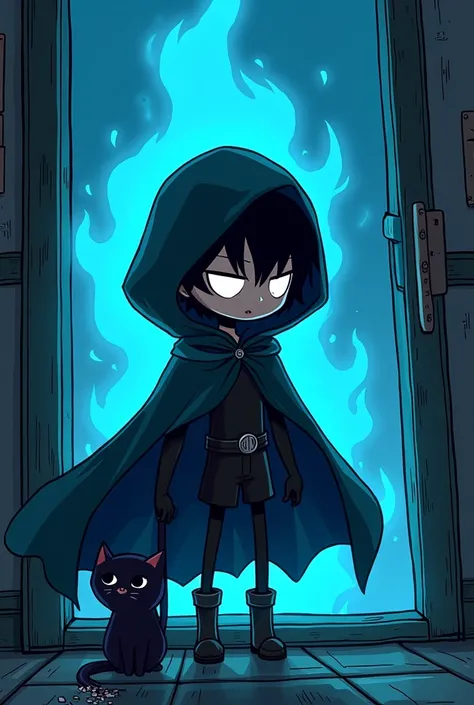  cartoon character with a blue cape and a black cat, covered,  black and cyan blue color scheme , hero 2d fanart artsation, Stuck at home,  chibi, Sona is a skinny, hooded cloak, bright black aura, Mantle fluttering in the wind, merged character , with cov...