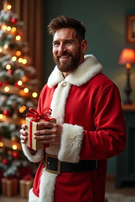 (photorealism:1.2), Messi, in Santas suit, added a playful twist to Christmas celebrations, showing his lighter side off the field. Wearing the iconic red and white outfit, he embodied the joy and magic of the season. He shared laughter and cheer with fami...