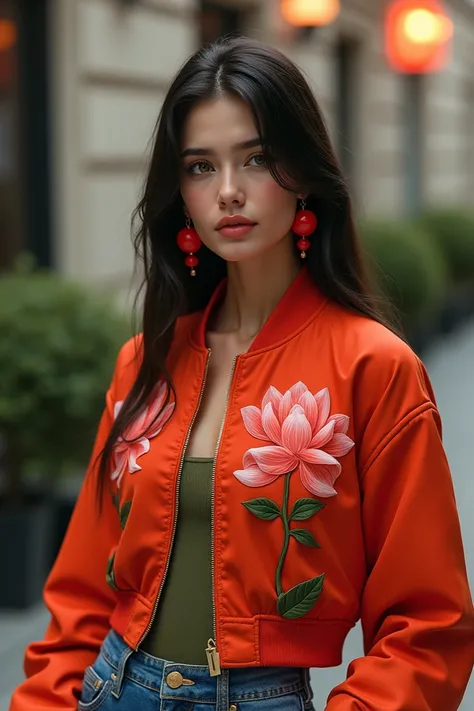 Beautiful Russian woman with straight straight hair with red earrings  ,  with Chilon colored bomber jacket with lotus flower and denim pants and green nail heels