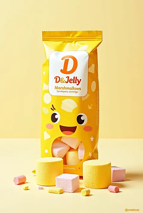 drawing on the front and back of yellow marshmallows packaging name D&Jelly
