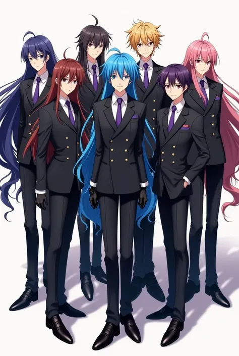 A Group of 8 Anime Japanese Teen boys with Very Long Flowing hair of Different Colors,  black double-breasted suits over  White dress shirts.  Purple ties that stay tight around their neck. Pointed toe shoes and black Leather gloves. The One with Blue Hair...