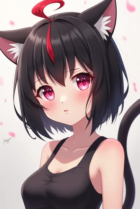 20 year old anime girl,  with short, straight black hair with a red tuft and that has two locks tied back, cat ears and tail, pink eyes