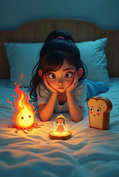 A teenage girl lying on her bed,staring at 3 small creatures,smiling,the first one is a living fire with angry eyes,second is a small girl created by water,the third is a piece of bread with eyes