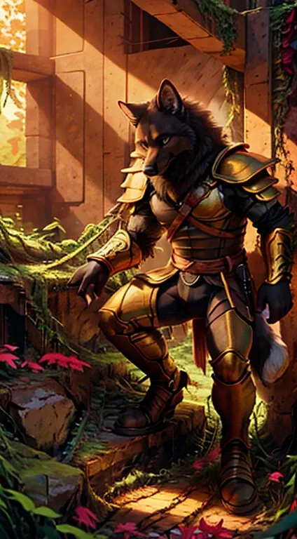 high quality, masterpiece, best detail, full-length, furry black wolf male in black armor with golden feathers and leaves, hands shrouded in golden light, summons vines with thorns from the ground