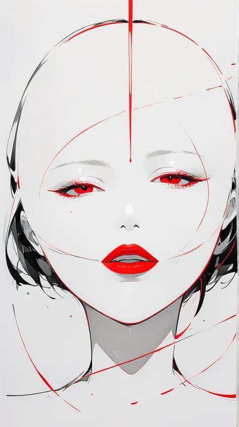 master piece:1.5、(minimal art, line drawing), woman、Black and white art:1.2、lips are red、Black and white world、silence、An ennui look、Densely drawn