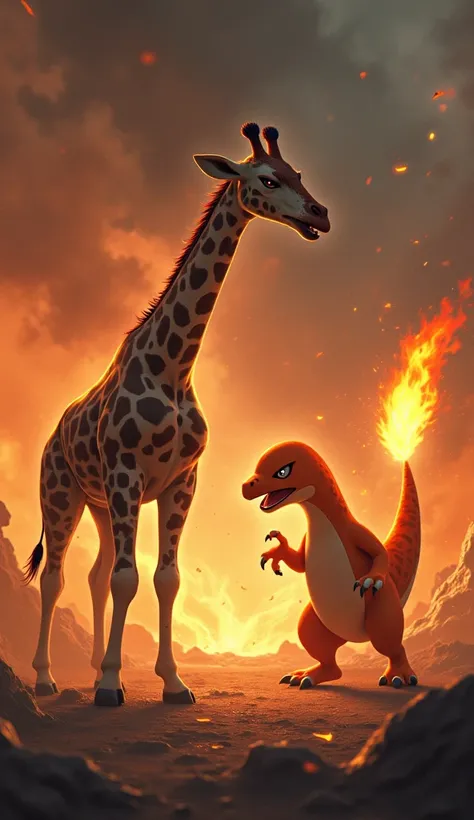 "A giraffe and Charmander, both in an angry stance, facing each other with intense, fierce expressions. The background is fiery and dramatic, with swirling flames and dark smoke, enhancing the tension and power of their confrontation."