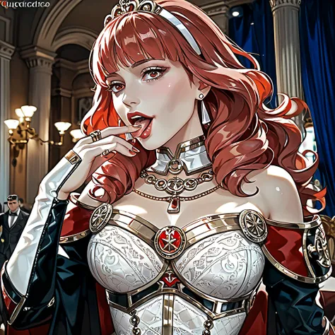 The woman who is the mistress of the mafia has beautiful red hair, is a gorgeous see-through bodycon dress with vulgar, flashy, shiny gold, and is adorned with earrings, bangles, rings, and luxurious accessories such as necklaces and waist chains, and as t...