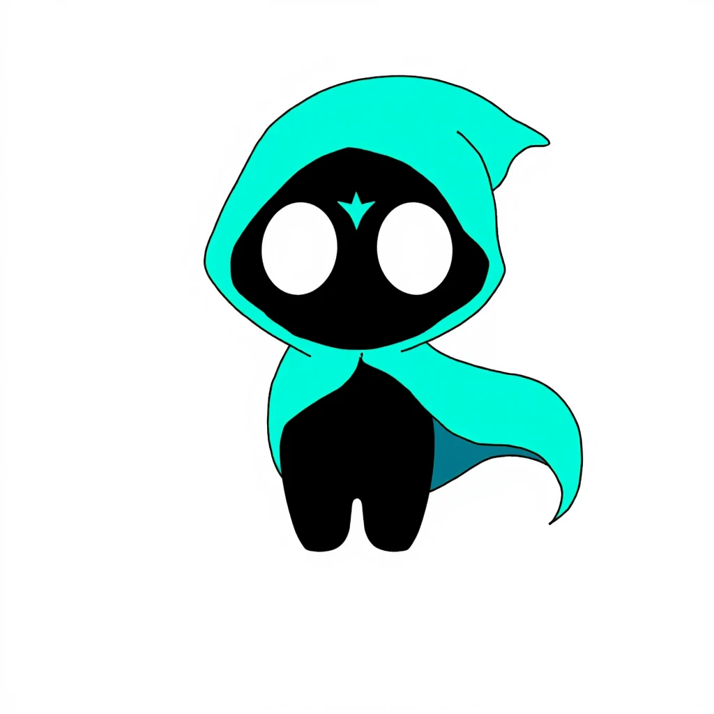  cartoon character with a blue cape and a black cat, covered,  black and cyan blue color scheme , hero 2d fanart artsation, Stuck at home,  chibi, Sona is a skinny, hooded cloak, bright black aura, Mantle fluttering in the wind, merged character , with cov...