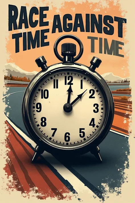 Create a vintage-inspired T-shirt design with Race Against Time displayed alongside an old-fashioned stopwatch. The background features a winding race track and dynamic motion lines. Use distressed textures and retro-style typography for a classic look."