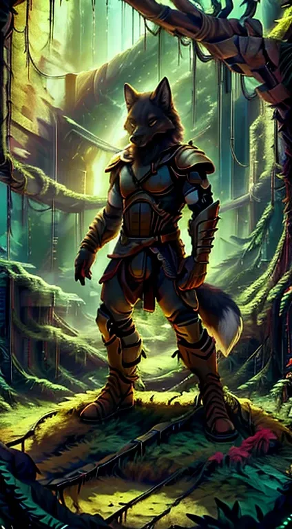 high quality, masterpiece, best detail, full-length, furry black wolf male in black armor with golden feathers and leaves, hands shrouded in golden light, summons vines with thorns from the ground