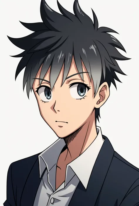 Young man with black hair, Spiky gradient cut and white beard, suit dress. anime