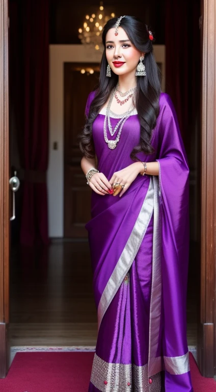 a beautiful bodo woman in a traditional  purple dress, long brunette hair, long red nails, red lips, wears a silver necklace and earrings, full body picture