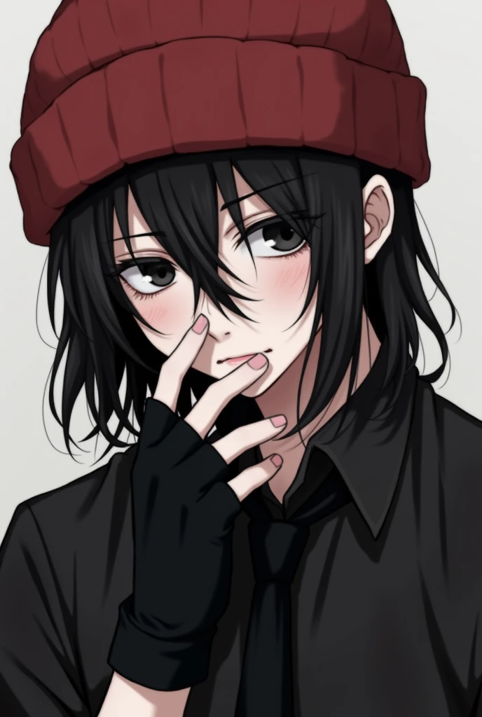  anime style boy ,long black hair under ears,light skin, tired black eyes ,black tie, Red Beanie Hat ,cheerful serious ,black shirt, black hand warmers, face down ,glasses