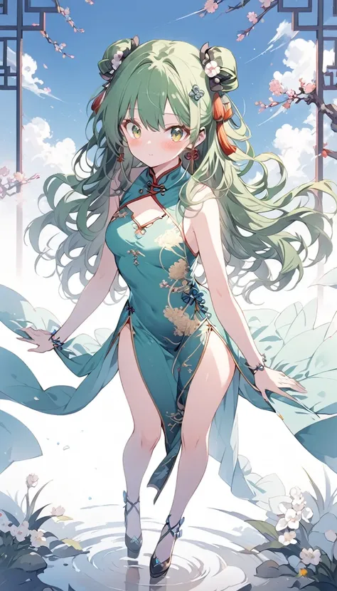 anime lady in chaina dress, 1girl, solo, china dress girl, chinese , looking at viewer, green long wavy hair, green eyes,blush, chinese hair ornament,full body image