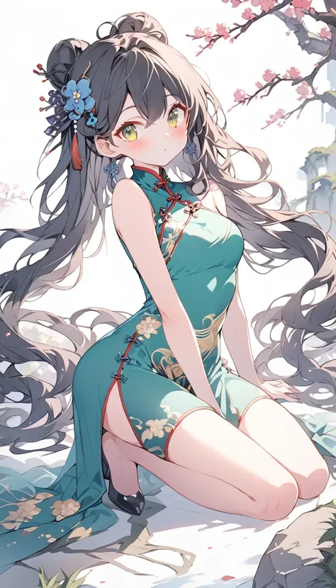 anime lady in chaina dress, 1girl, solo, china dress girl, chinese , looking at viewer, green long wavy hair, green eyes,blush, chinese hair ornament,full body image