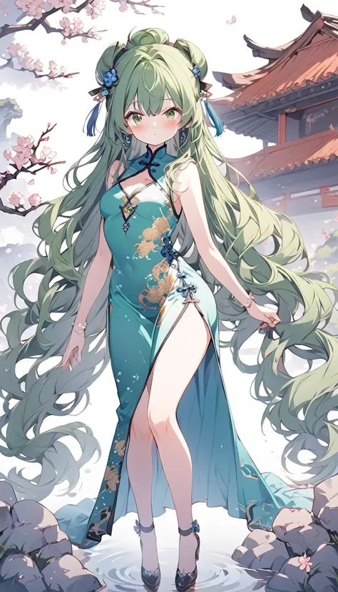 anime lady in chaina dress, 1girl, solo, china dress girl, chinese , looking at viewer, green long wavy hair, green eyes,blush, chinese hair ornament,full body image