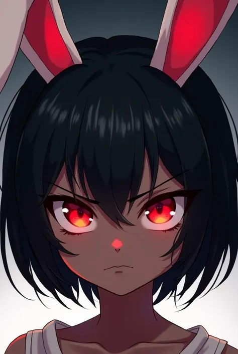 Dark skinned girl, short black hair, red eyes,black clothes,Anime with a grumpy expression. with rabbit ears