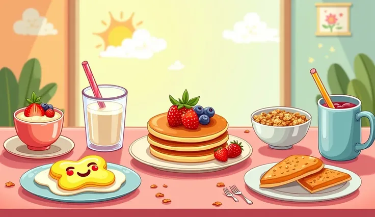 A colorful and charming breakfast drawing set for s. The scene shows a table filled with fun and friendly breakfast options, such as pancakes stacked with fresh fruit, scrambled eggs shaped like a smiley face, and a cup of milk with a colorful straw. On th...