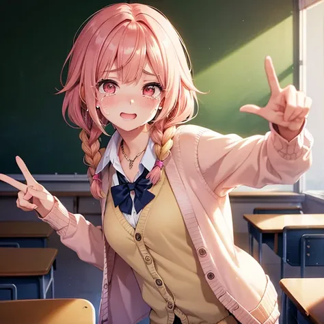 (((Anime))), ((anime)), (Gal),  Medium Hair , (  hair with braids:1.3), ( Short Bang :1.2),Two-tone hair,  blond hair, ( Pink Hair), Round face, red eyes, (Droopy eyes), (((Tears))), pink lips, piercing , Necklaces ,[ dark skin ],  smiles lightly, ((((cute...