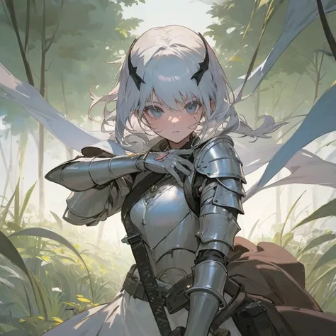   a girl,  Best quality ,  Shortcuts,  silver hair ,  The background is in the white  ,   forest
Silver armour longsword