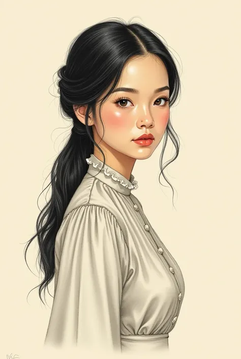 A book illustration of servant Filipina girl 30 year old named Rosa. MAKE HER LOOK FILIPINA. Plain Background 

Make it look like a vintage sketched illustration 