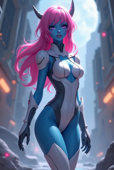 Une alien féminine à la peau bleue aux cheveux roses avec une tenue body qui sarrête au niveau des fesses des bottes qui sarrêtent au niveau des genoux des gants bouffi qui sarrête au niveau des coudes et la couleur de la tenue est blanc avec du gris avec ...