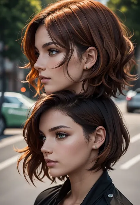  create a front profile image of a 25-year-old woman with short wavy hair,  with some orange highlights , dark green and dark pink ,  fair-skinned and brown-eyed ,  wearing a jumpsuit and dark background 