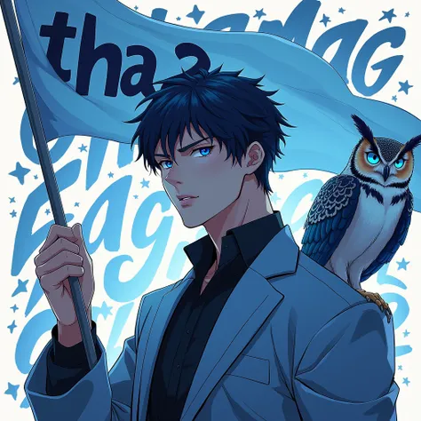 Anime man with cool blue eyes, flag-waving hand with the word tha2 written on it, cool letters in the background with blue eyed owl