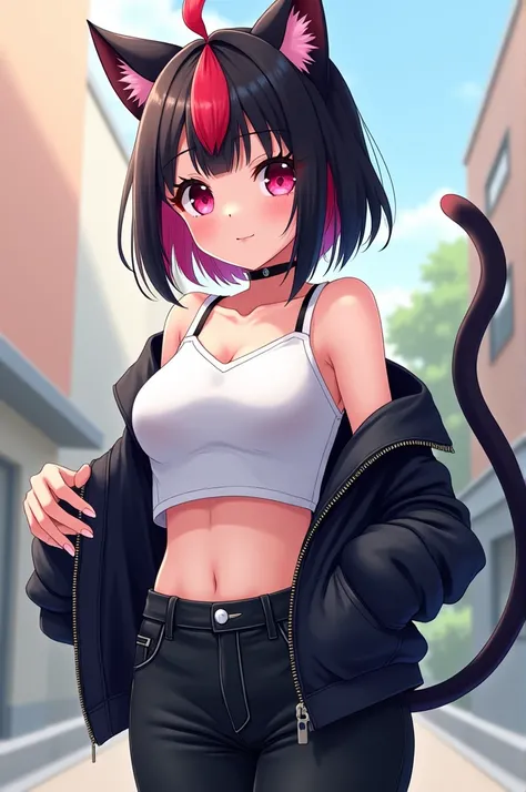 20 year old anime girl,  with short, straight black hair with a red tuft and that has two locks tied back, cat ears and tail, dark pink eyes , who is wearing a white croptop and black jeans and a black jacket 