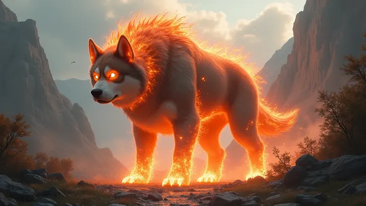 combine husky dog and fire element to create an angry giant hybrid creature, full view, nature background