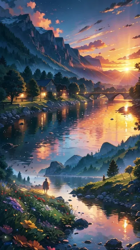 Small village on the river, Mountain in the background々, Colorful flowers,   detailed landscape , Beautiful natural scenery, Atmospheric lighting, [Sparkling Sunset,  Warm Color Palette, Realistic, photoRealistic,  detailed leaves , Complex architecture, P...