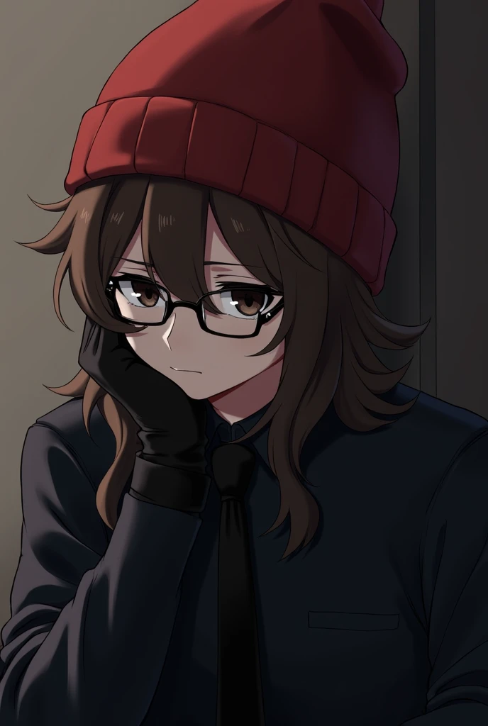  anime style boy ,long brown hair under ears,light skin, tired black eyes ,black tie, Red Beanie Hat ,cheerful serious ,black shirt, black hand warmers, face down ,glasses