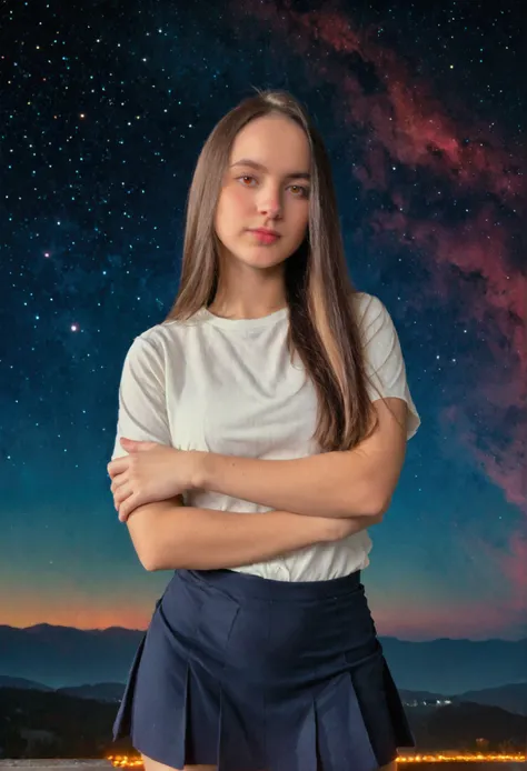 girl,  brown hair, orAnge eyes, crossed arms,   in the middle of the cosmos,  white shirt, soft colors, colorful background,  cosmic background, soft strokes, Long Lengs , short skirt