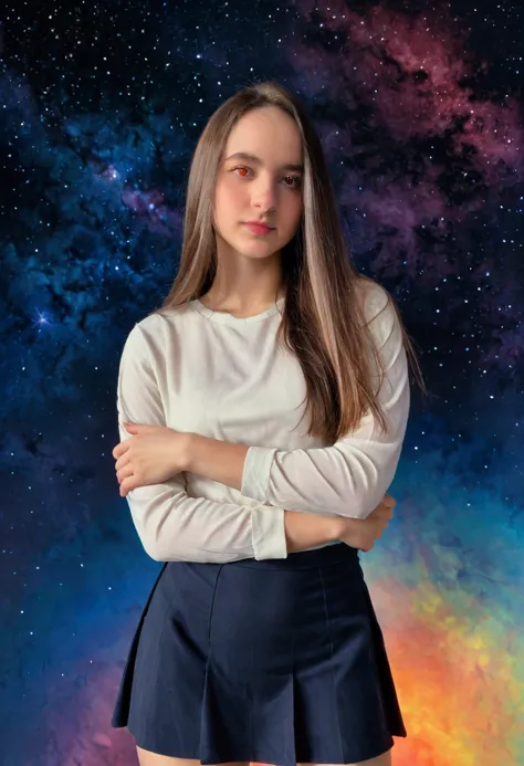 girl,  brown hair, orAnge eyes, crossed arms,   in the middle of the cosmos,  white shirt, soft colors, colorful background,  cosmic background, soft strokes, Long Lengs , short skirt