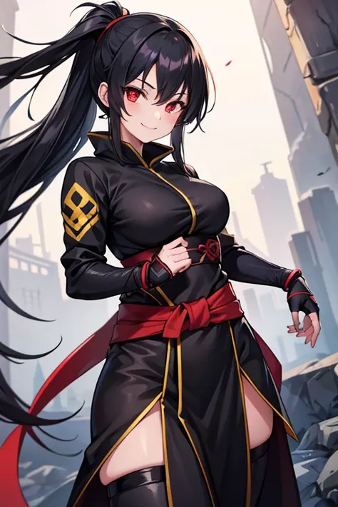  1 beautiful girl with pieces 　Shows up to the waist　 Black Long Hair 　Red eyes　 bewitching smile　Kunoichi　 female ninja in quest　white and yellow ninja clothes 