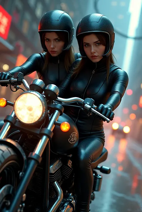 Girls in latex on a motorcycle in a helmet